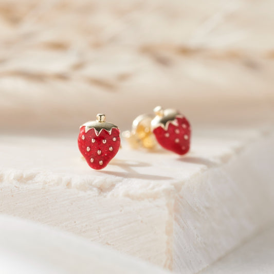 Enamel Strawberry 9ct Gold Stud Earrings