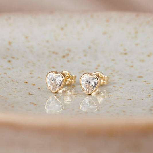 Heart 9ct Gold Stud Earrings with Cubic Zirconia