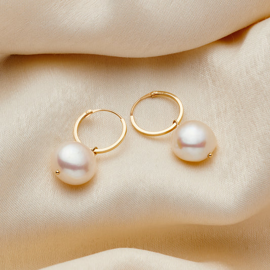 Large Pearl 9ct Gold Hoop Earrings