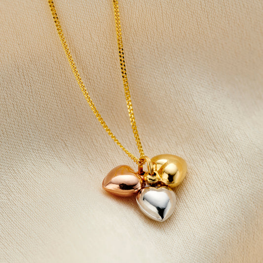 Tricolor 9ct Gold Heart Charm Necklace