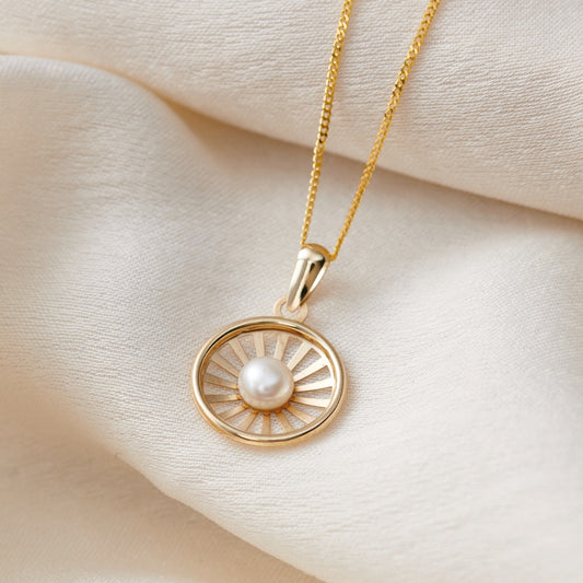 9ct Gold Pearl Sunburst Charm Necklace