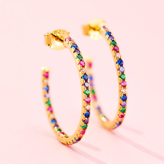 Rainbow CZ Birthstone Hoop Earrings