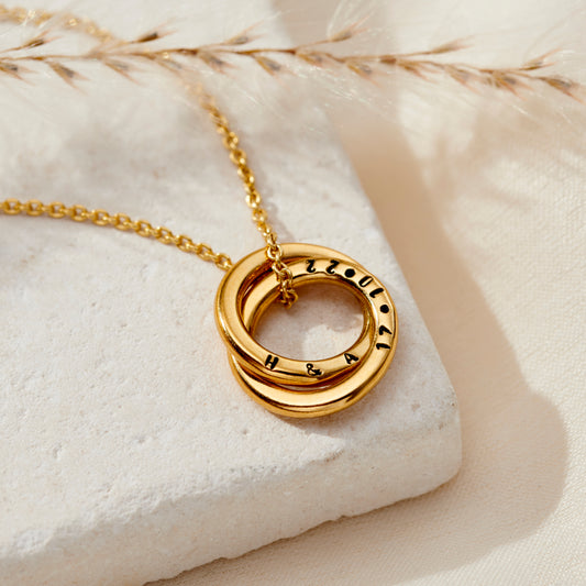 Personalised 9ct Gold Mini Two Ring Russian Necklace