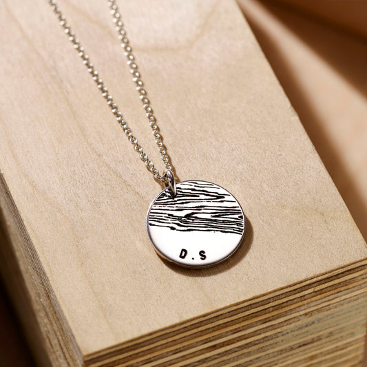 Engraved Wood Grain Initial Disc Necklace