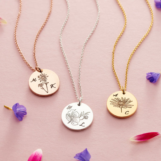 Engraved Birth Flower Initials Necklace