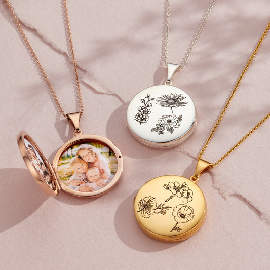 Engraved Family Birth Flower Locket Necklace