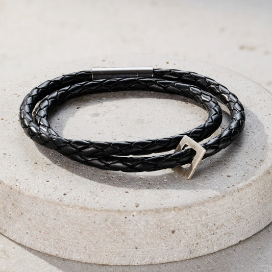 Personalised Men's Silver & Leather Geometric Bracelet