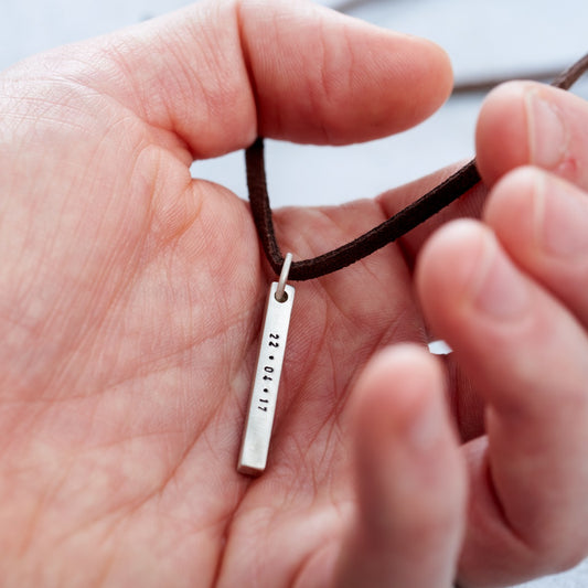 Personalised Men's Silver Bar Necklace With Leather Cord