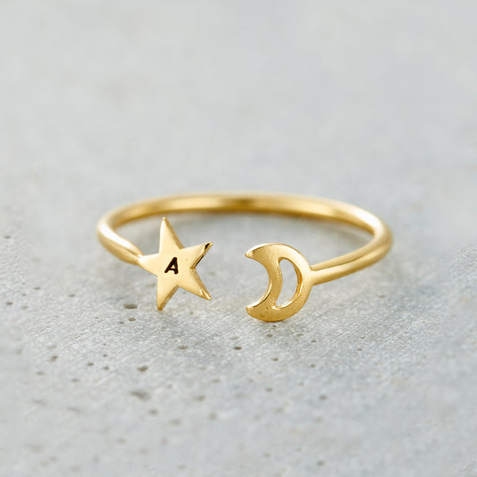 Personalised Moon & Star Open Ring