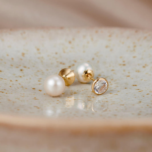 9ct Gold Pearl & CZ Stud Earrings