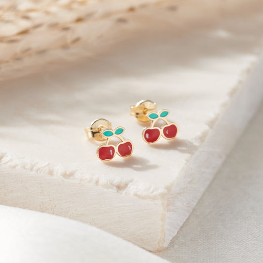 Enamel Cherry 9ct Gold Stud Earrings