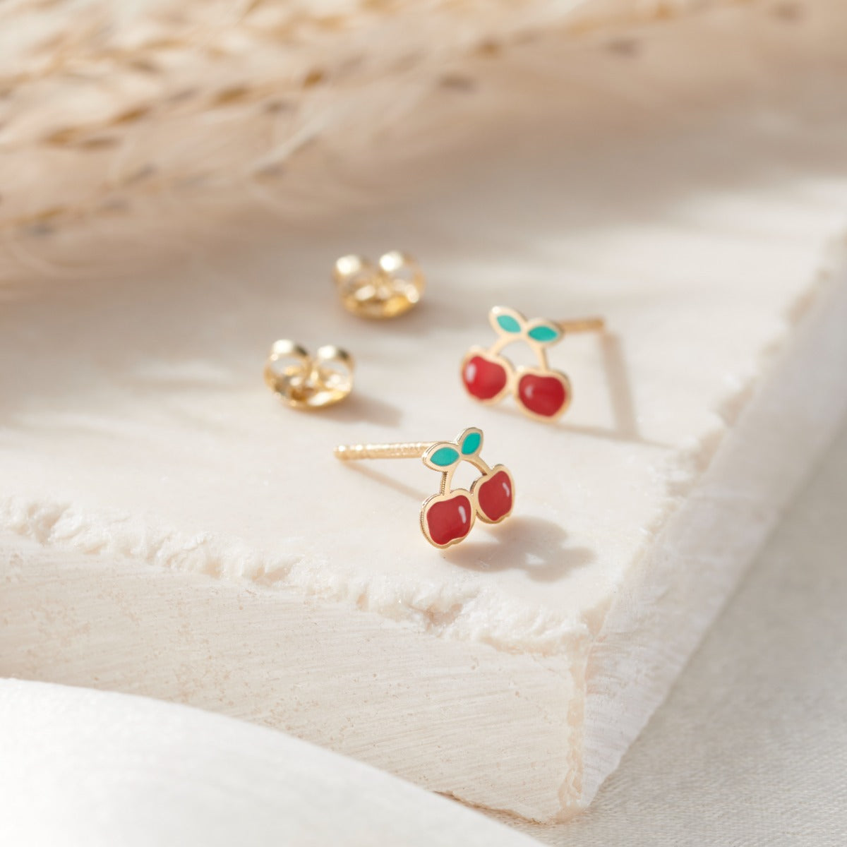 Enamel Cherry 9ct Gold Stud Earrings