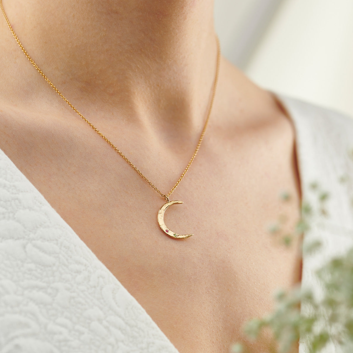 9ct Gold Crescent Moon 'You & Me' Birthstone Necklace