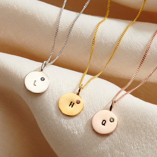 9ct Gold Mini Disc Initial Birthstone Necklace