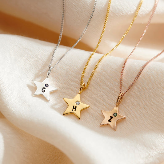 9ct Gold Mini Star Initial Birthstone Necklace