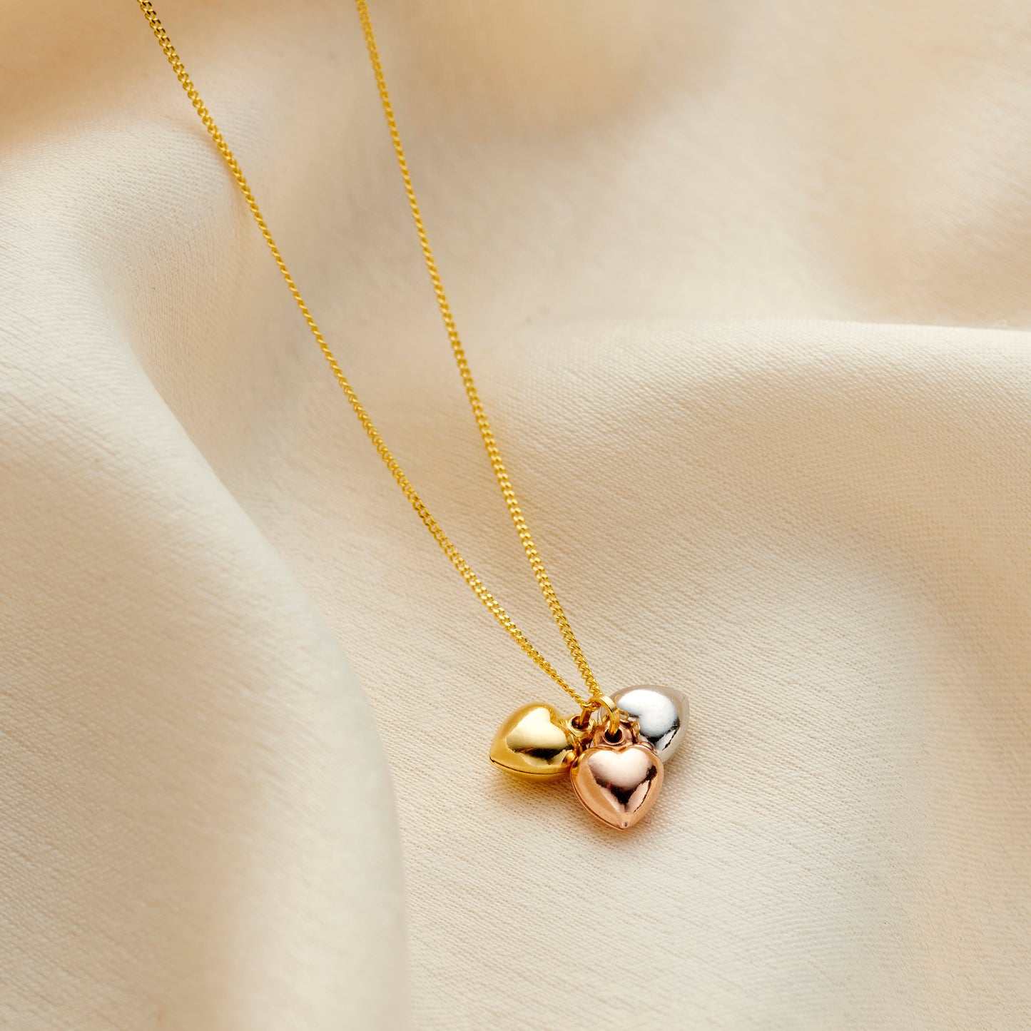 Tricolor 9ct Gold Heart Charm Necklace