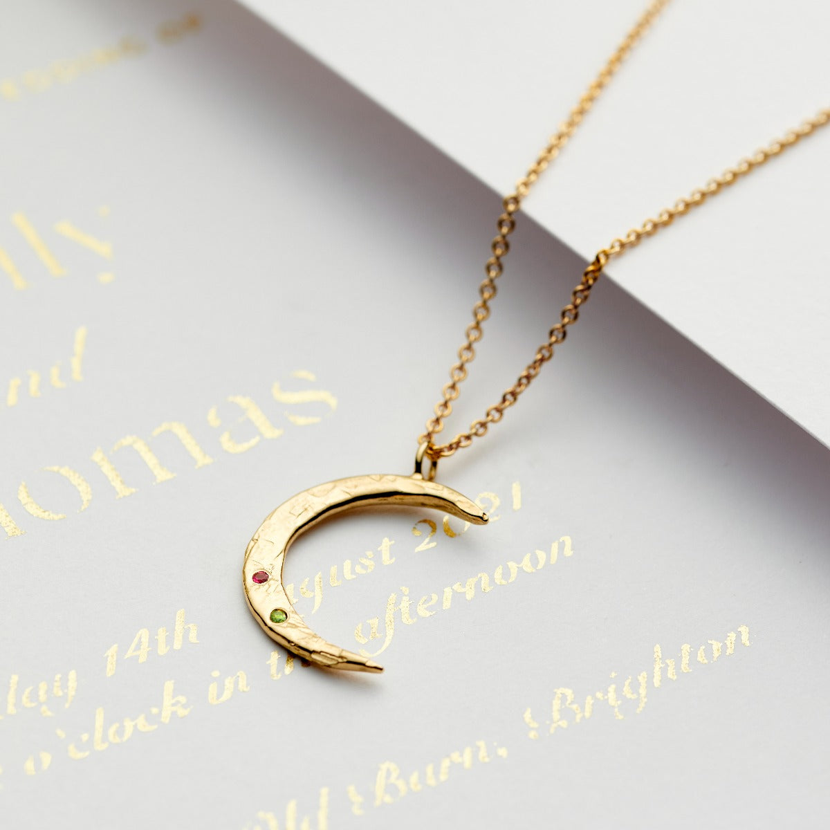 9ct Gold Crescent Moon 'You & Me' Birthstone Necklace