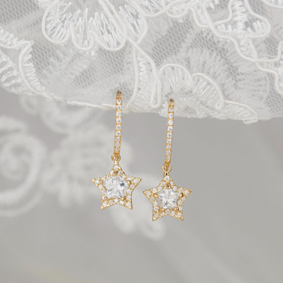 9ct Gold Cubic Zirconia Star Drop Earrings