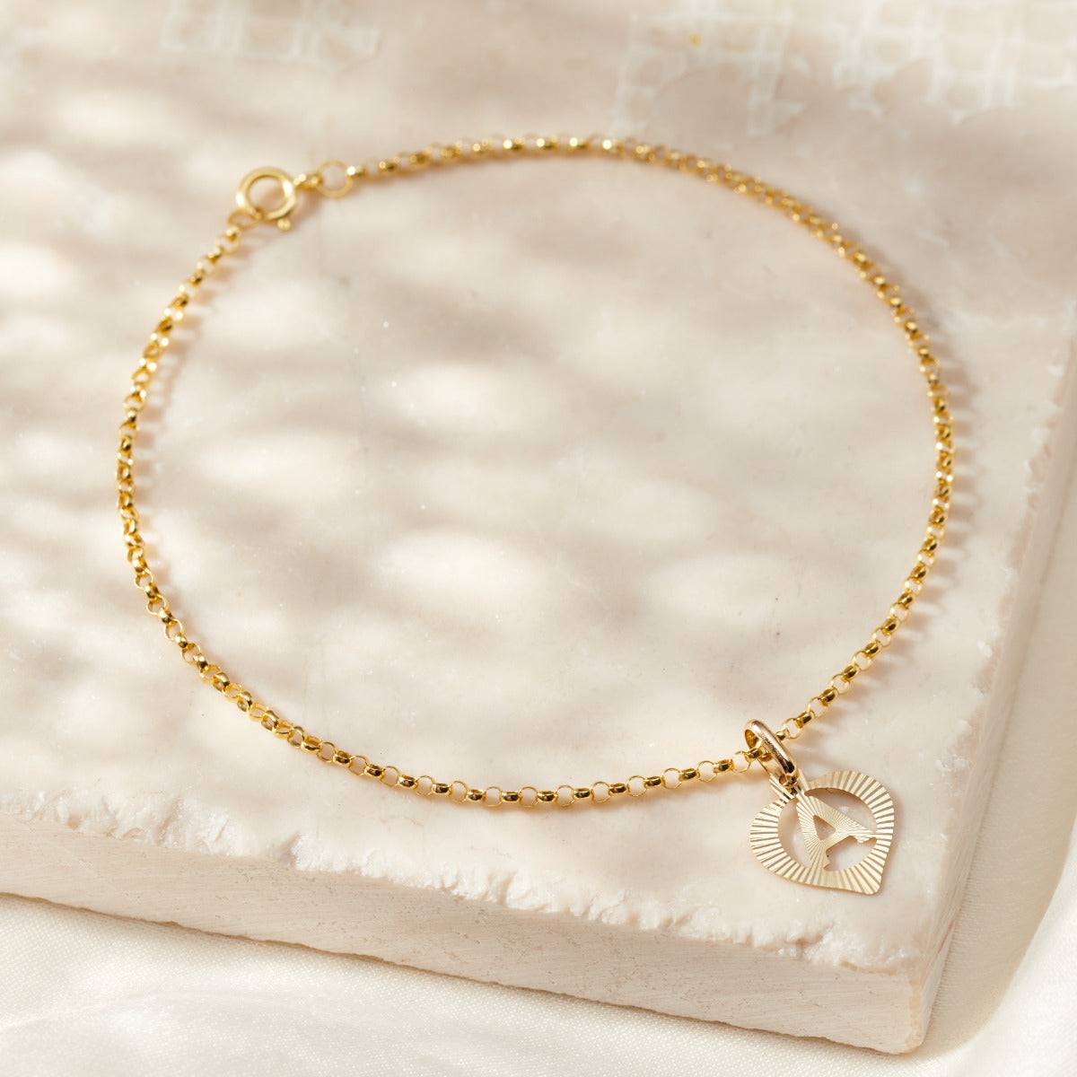 Deco 9ct Gold Heart Initial Charm Bracelet