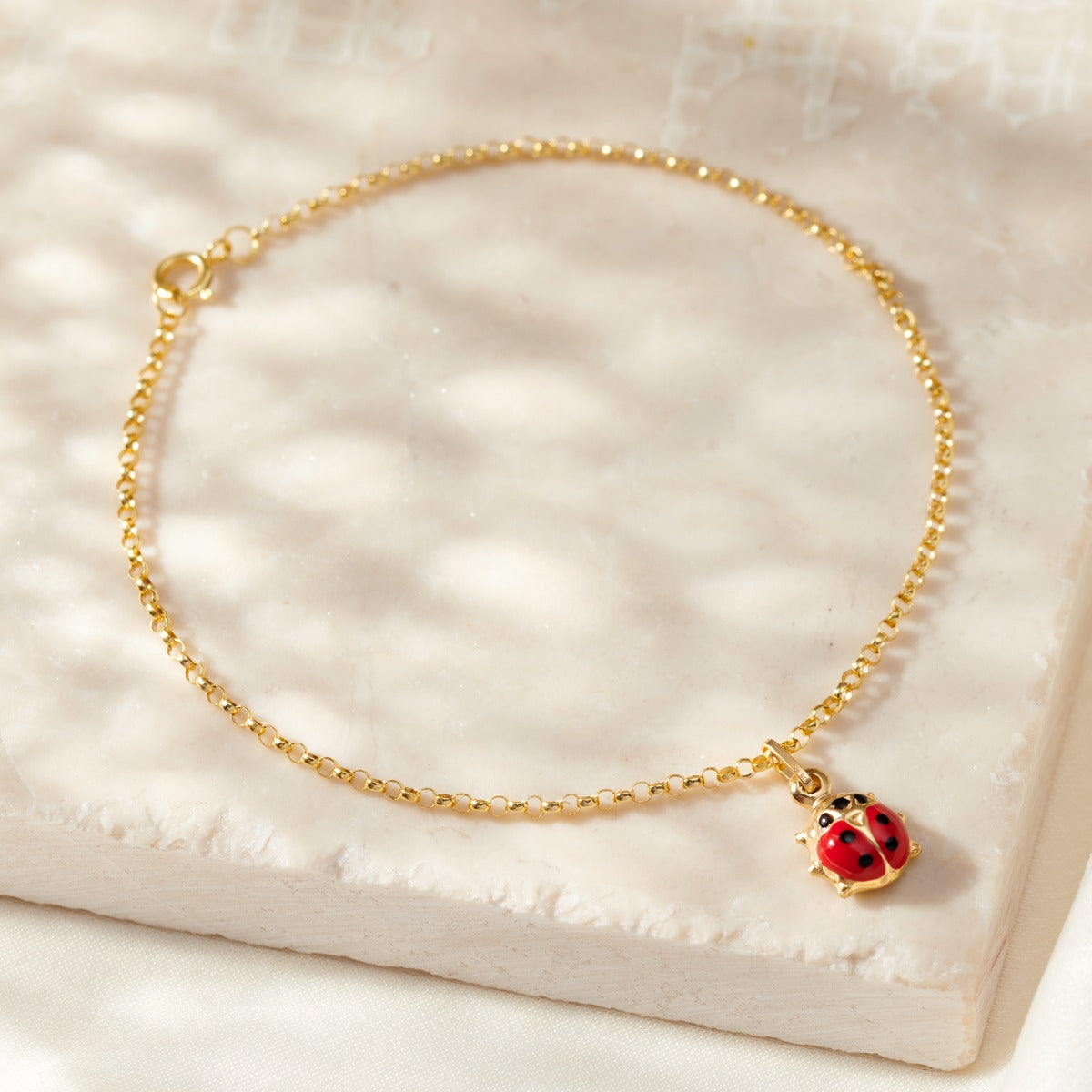 9ct Gold Enamel Ladybird Charm Bracelet