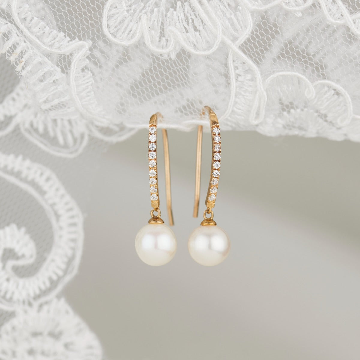 9ct Gold Pearl & CZ Drop Earrings