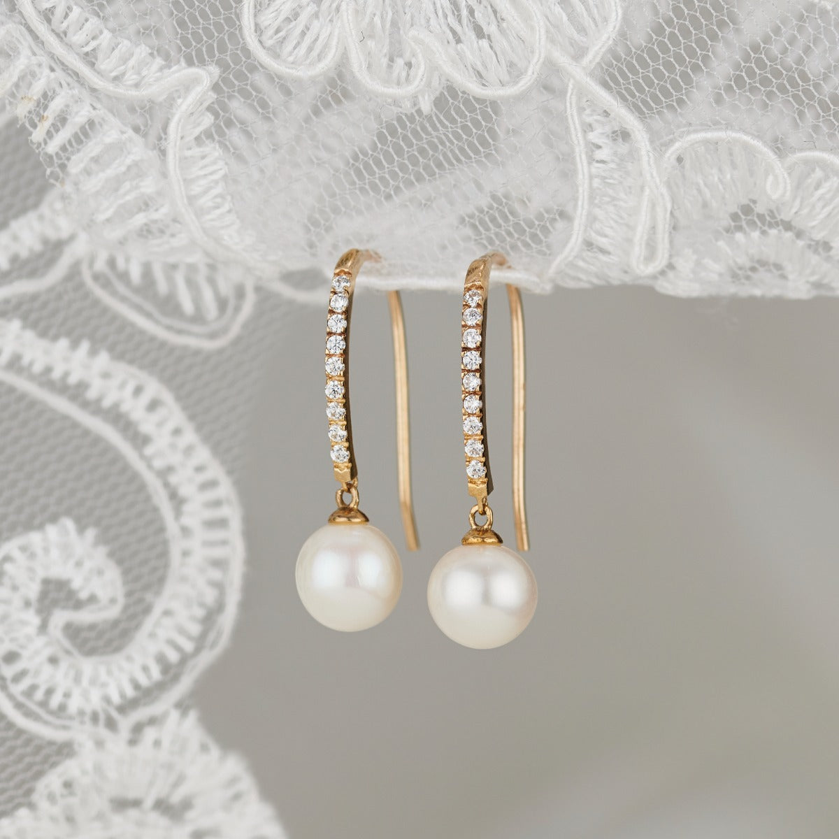 9ct Gold Pearl & CZ Drop Earrings