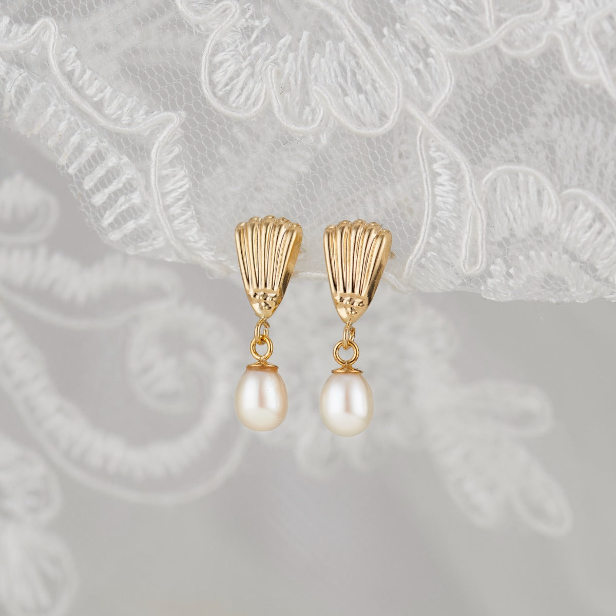 9ct Gold Scallop & Hanging Pearl Stud Earrings