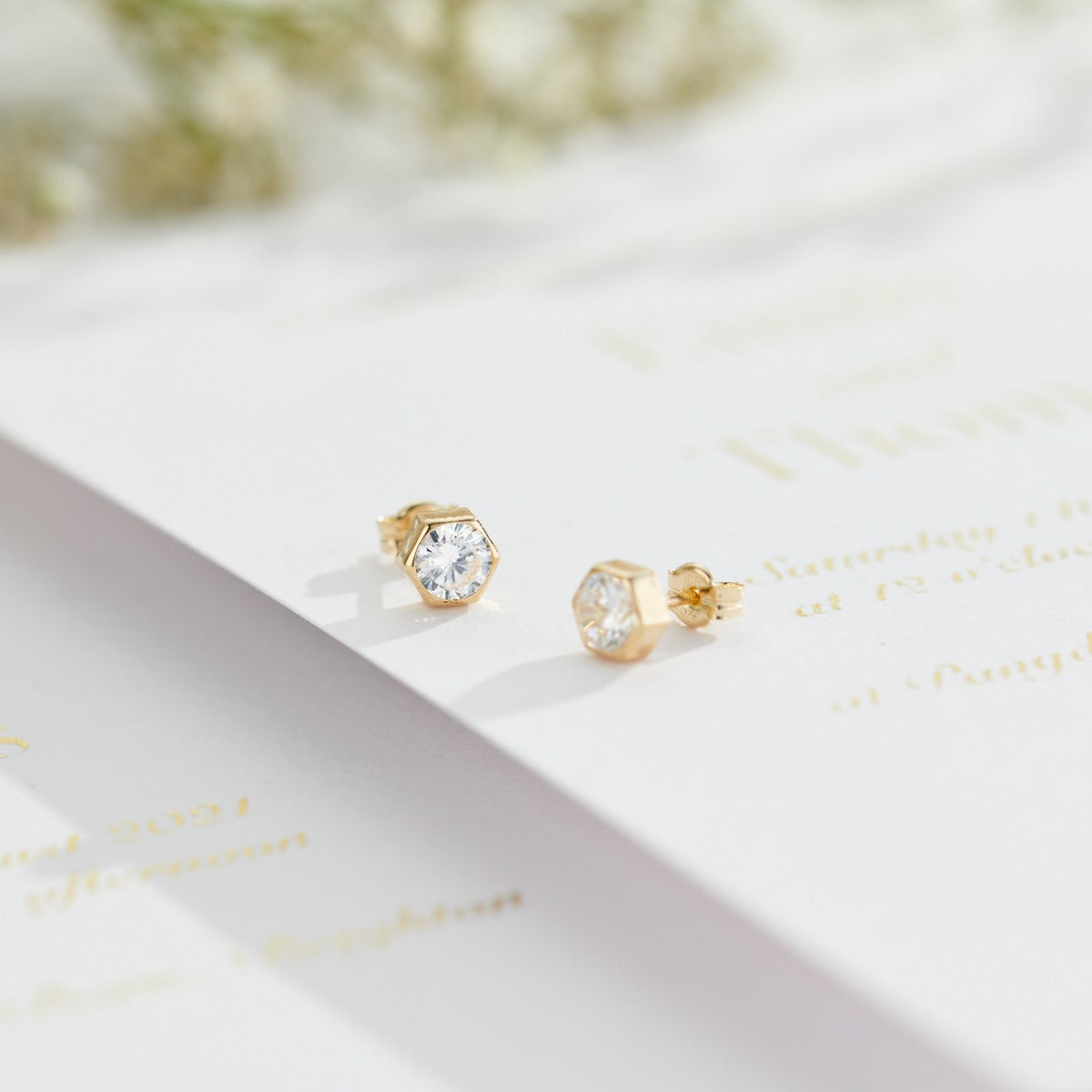 9ct Gold Cubic Zirconia Hexagon Stud Earrings