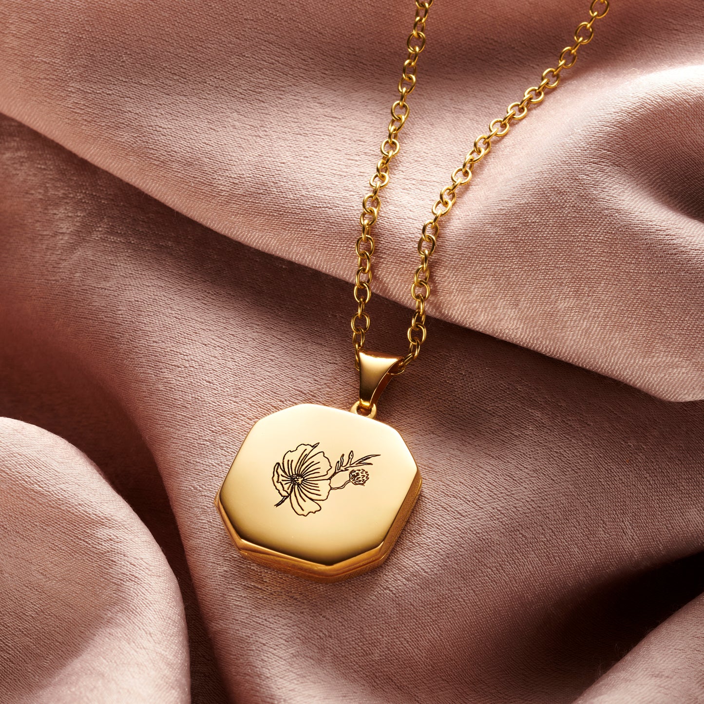 Personalised Engraved Birth Flower Locket Necklace