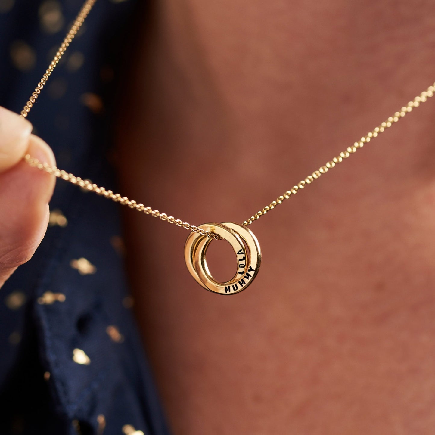 Personalised 9ct Gold Mini Two Ring Russian Necklace