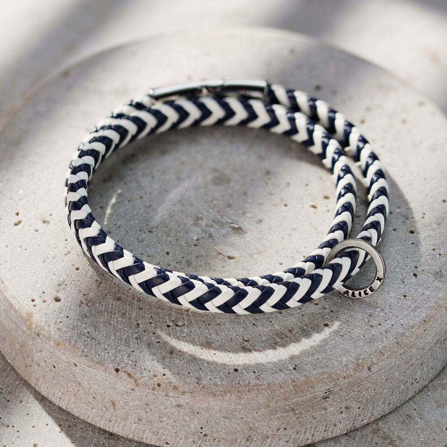 Men's Personalised Herringbone Leather Message Bracelet