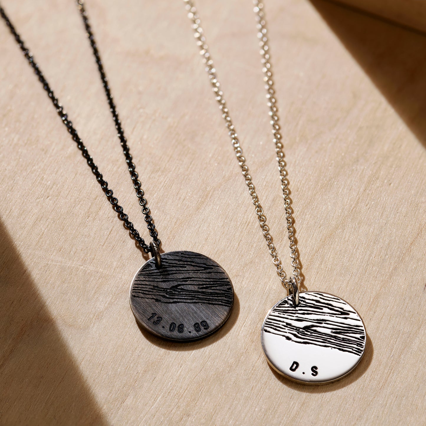 Engraved Wood Grain Initial Disc Necklace