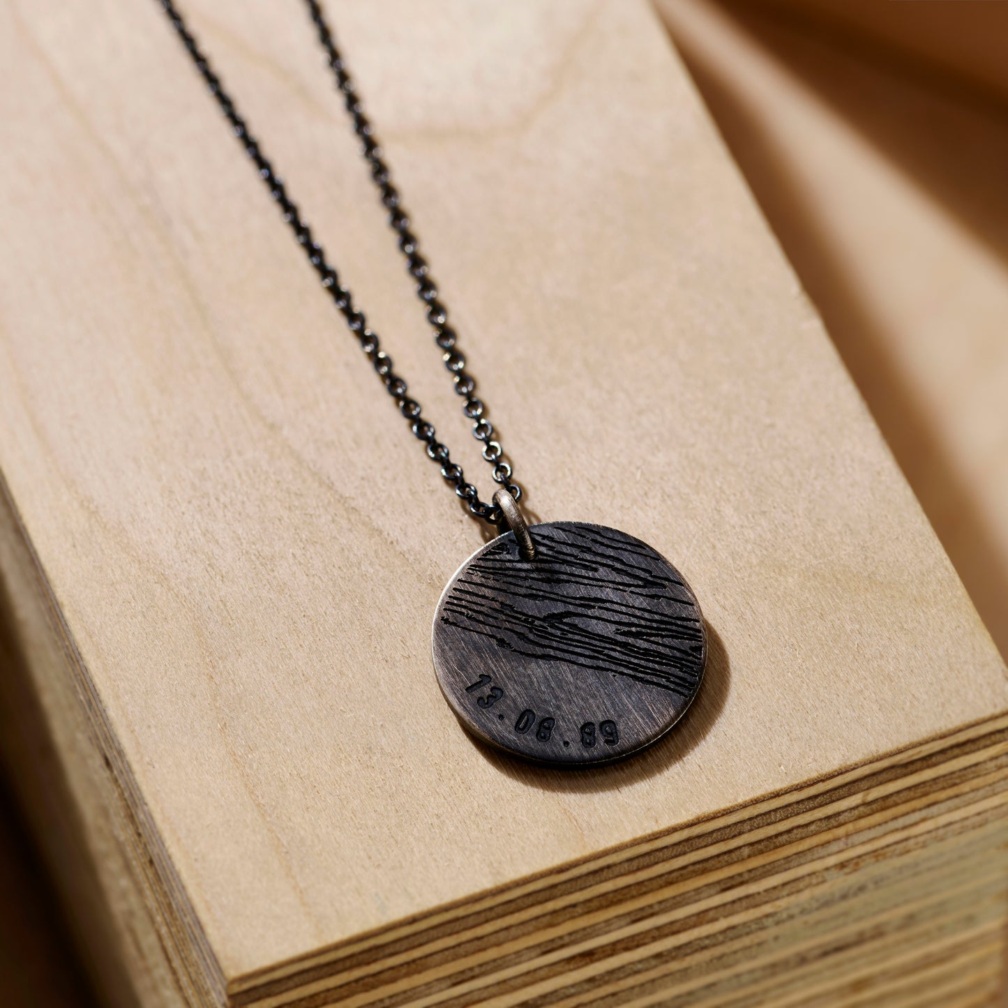 Engraved Wood Grain Initial Disc Necklace