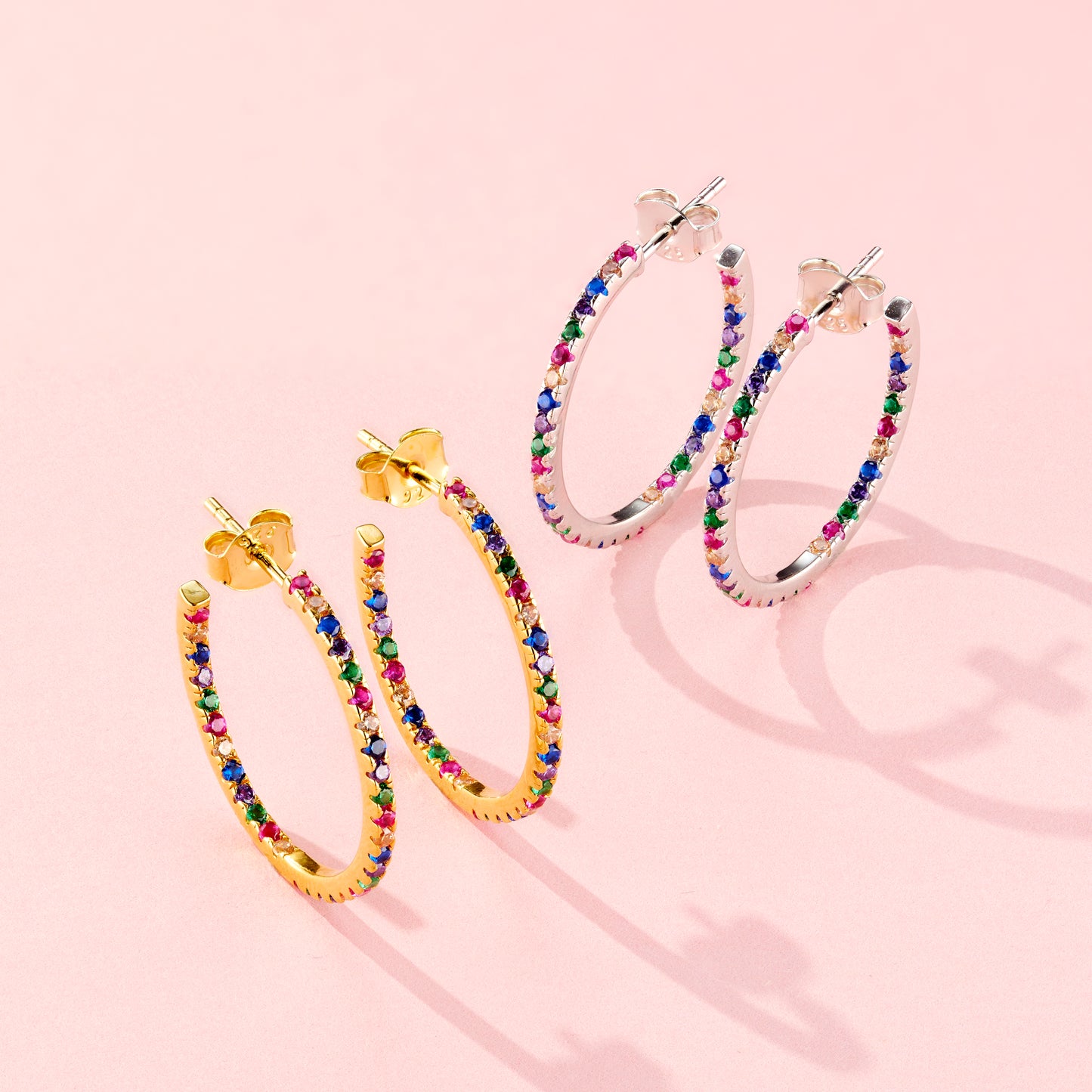 Rainbow CZ Birthstone Hoop Earrings