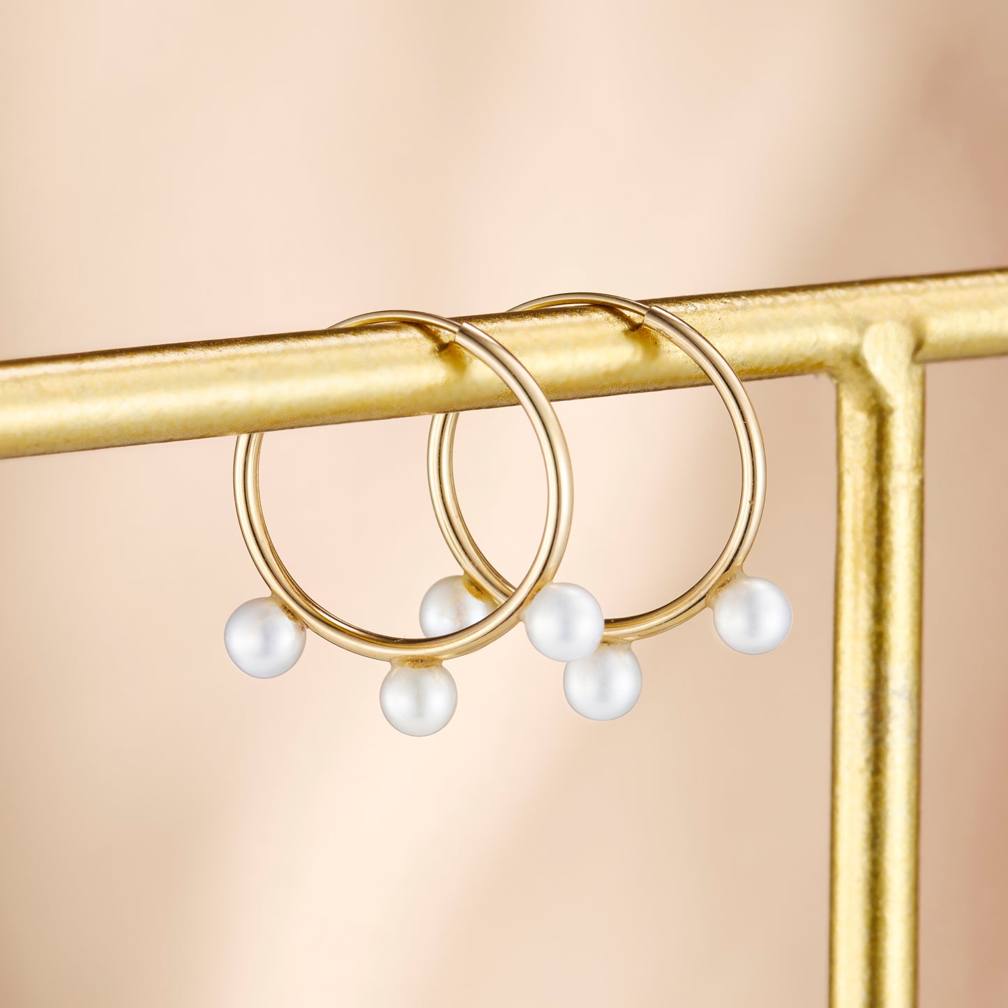 9ct Gold Triple Pearl Hoop Earrings