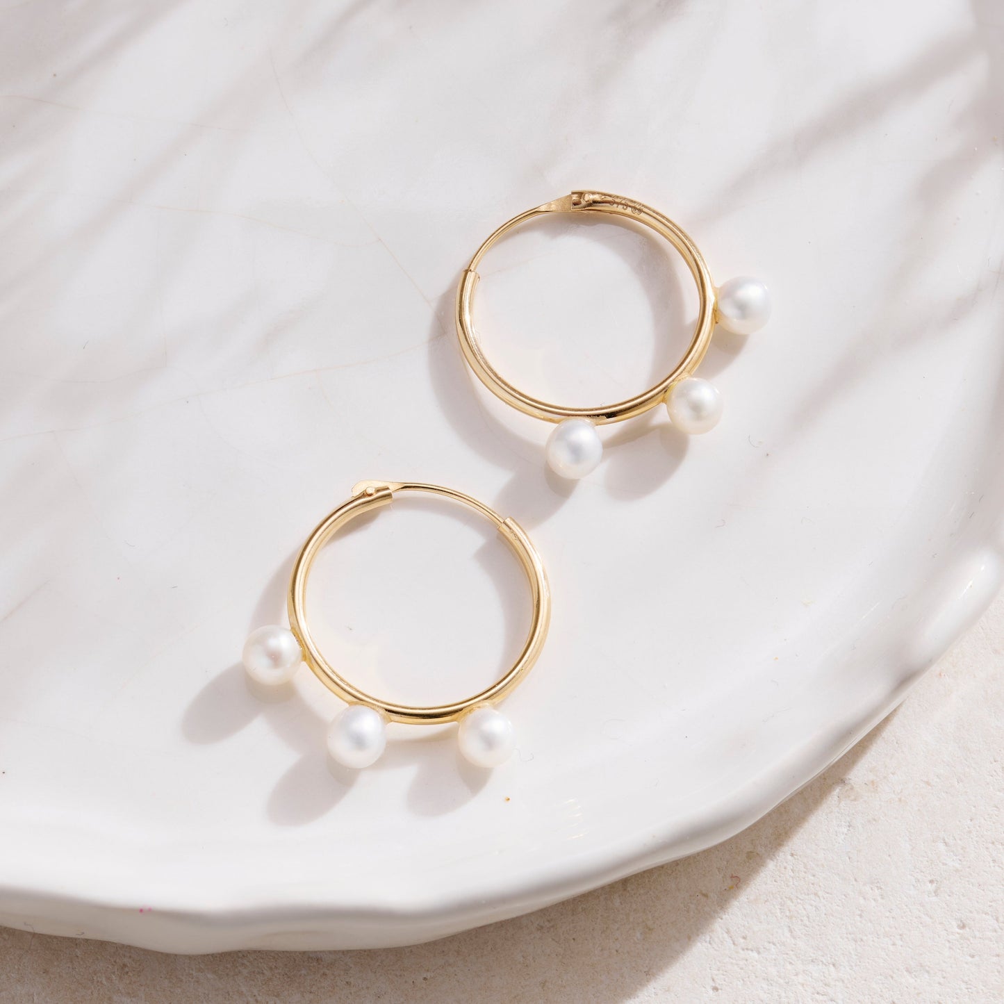 9ct Gold Triple Pearl Hoop Earrings