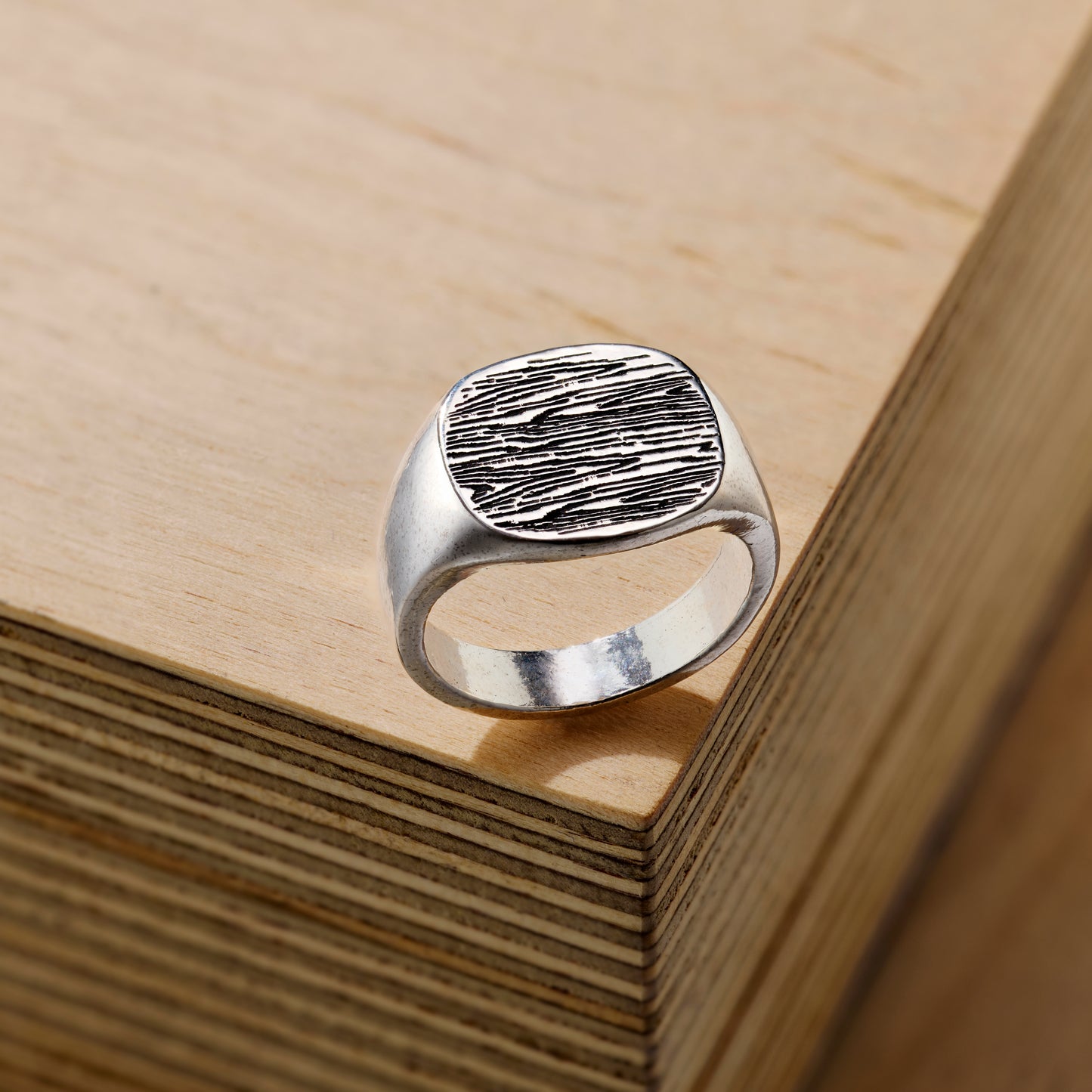 Engraved Wood Grain Chunky Signet Ring