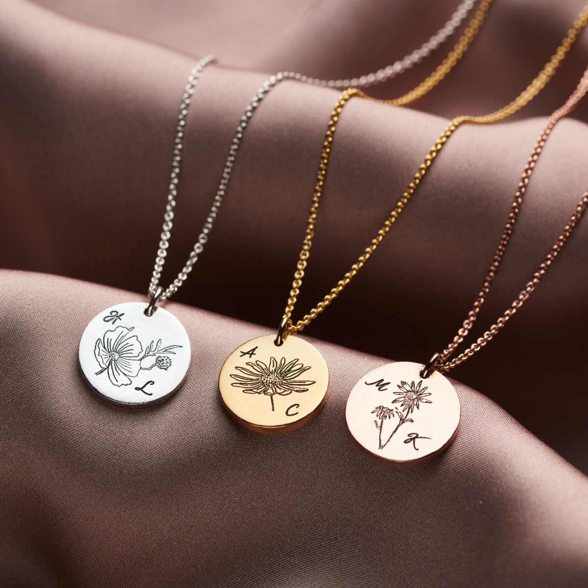 Engraved Birth Flower Initials Necklace