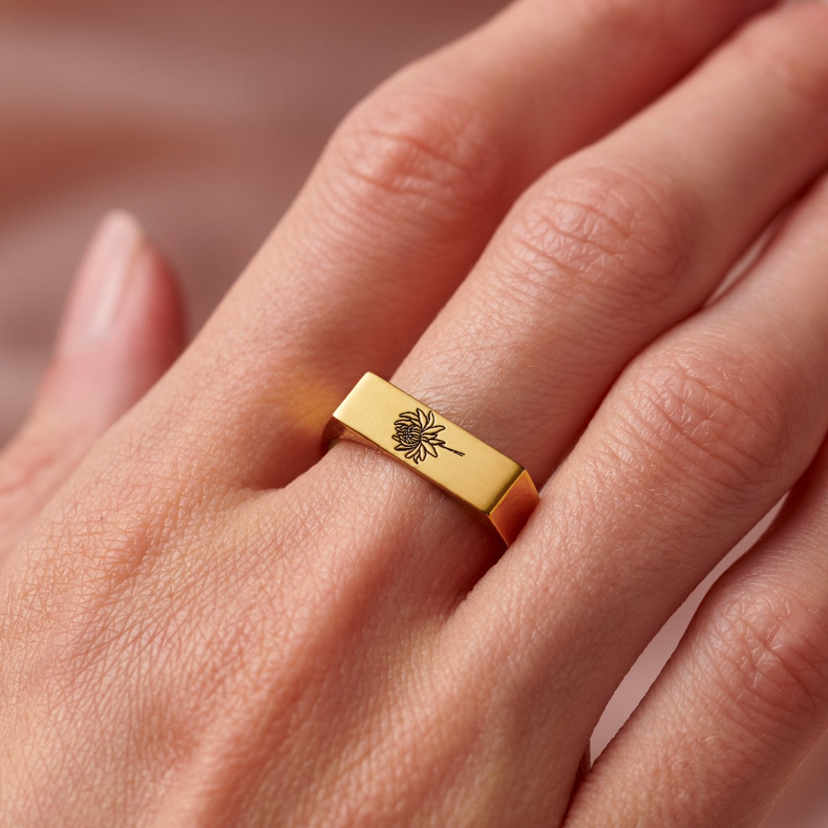 Rectangle Birth Flower Signet Ring