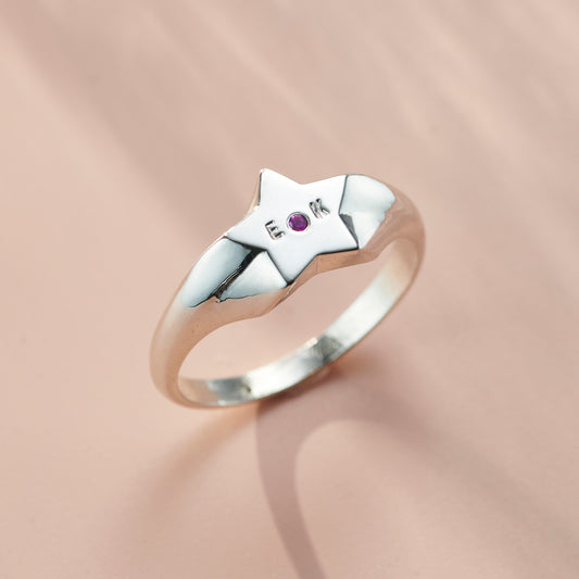 Initial Star Birthstone Signet Ring