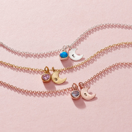 Birthstone & Initial Moon Charm Bracelet