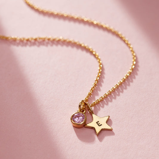 Birthstone & Initial Star Charm Necklace