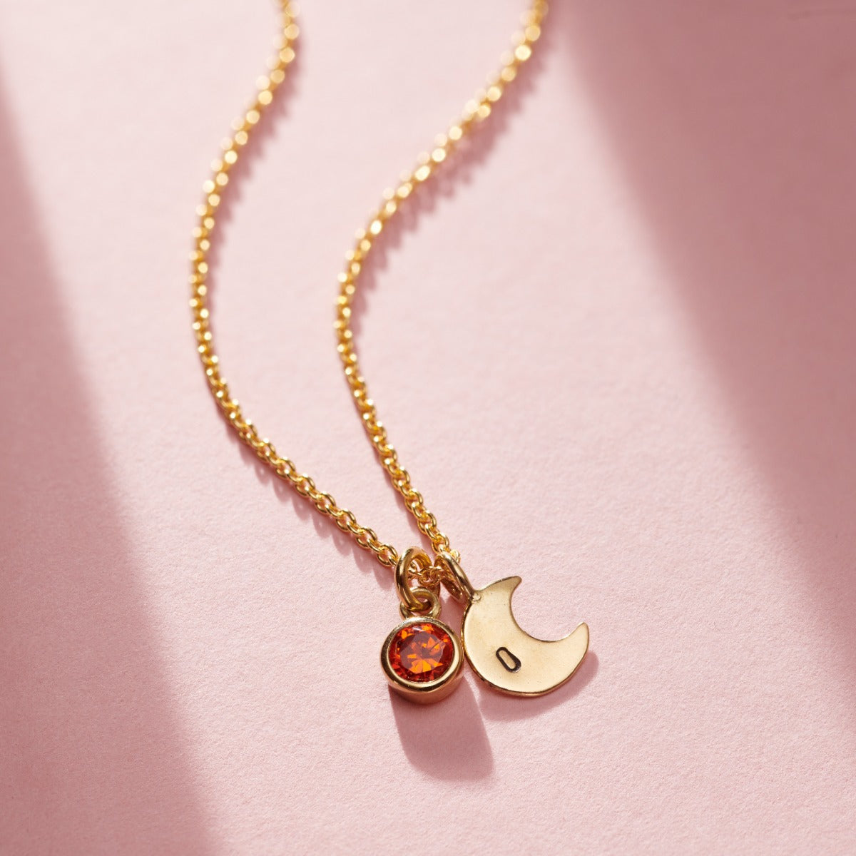 Birthstone & Initial Moon Charm Necklace