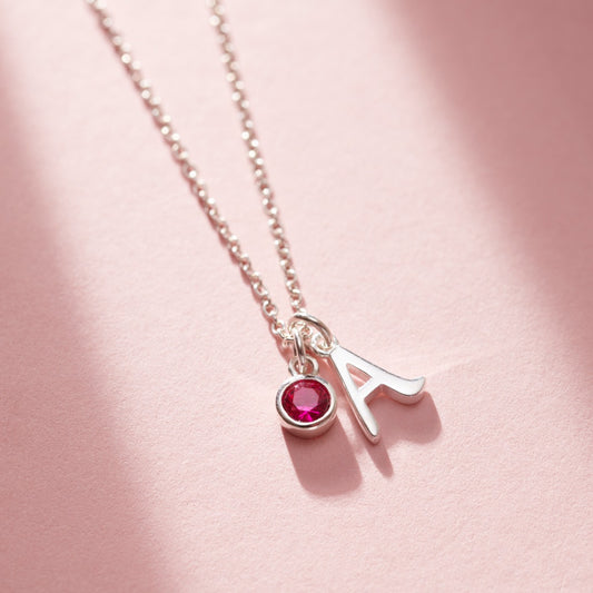 Birthstone & Italic Initial Charm Necklace