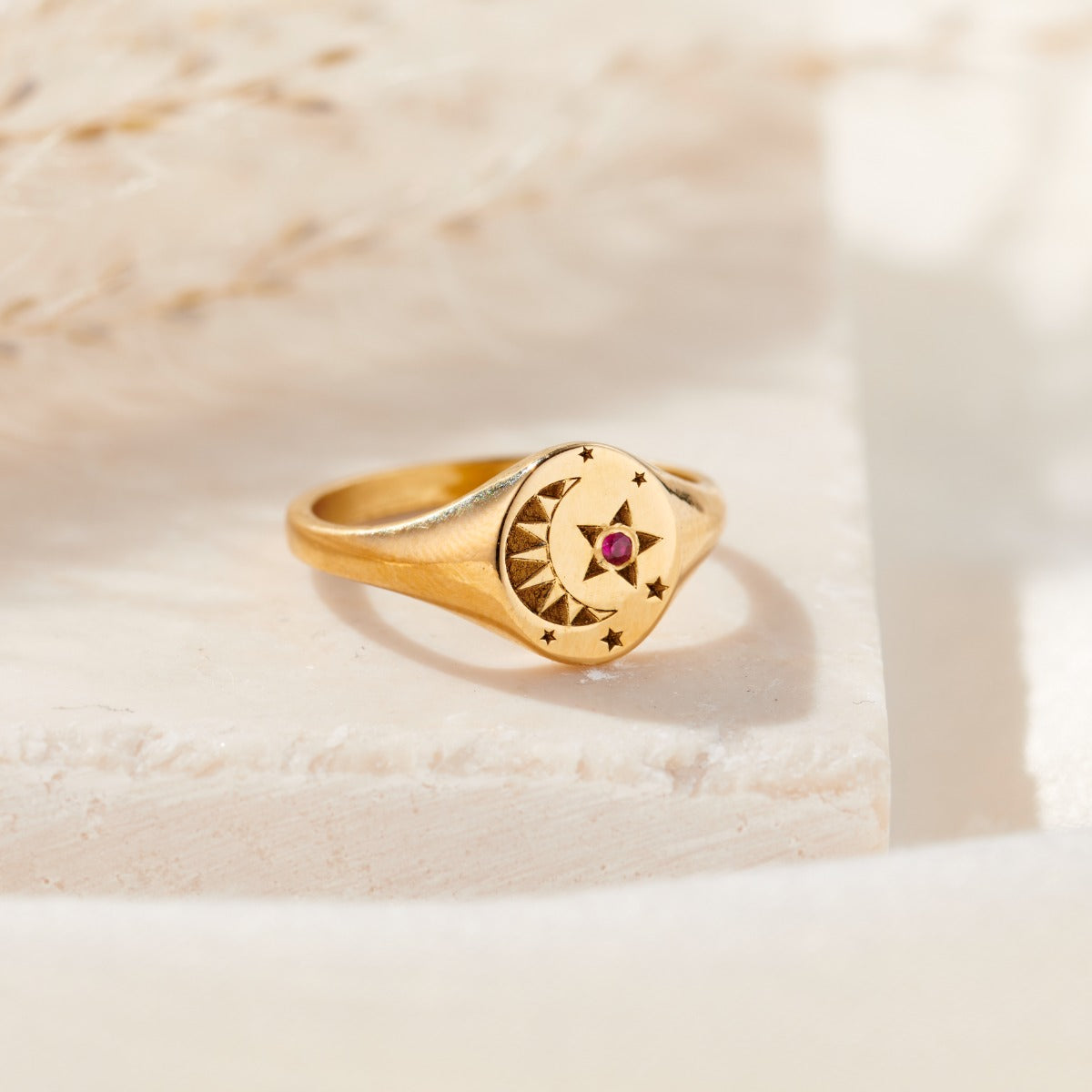 Moon & Star Birthstone Signet Ring