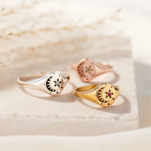 Moon & Star Birthstone Signet Ring