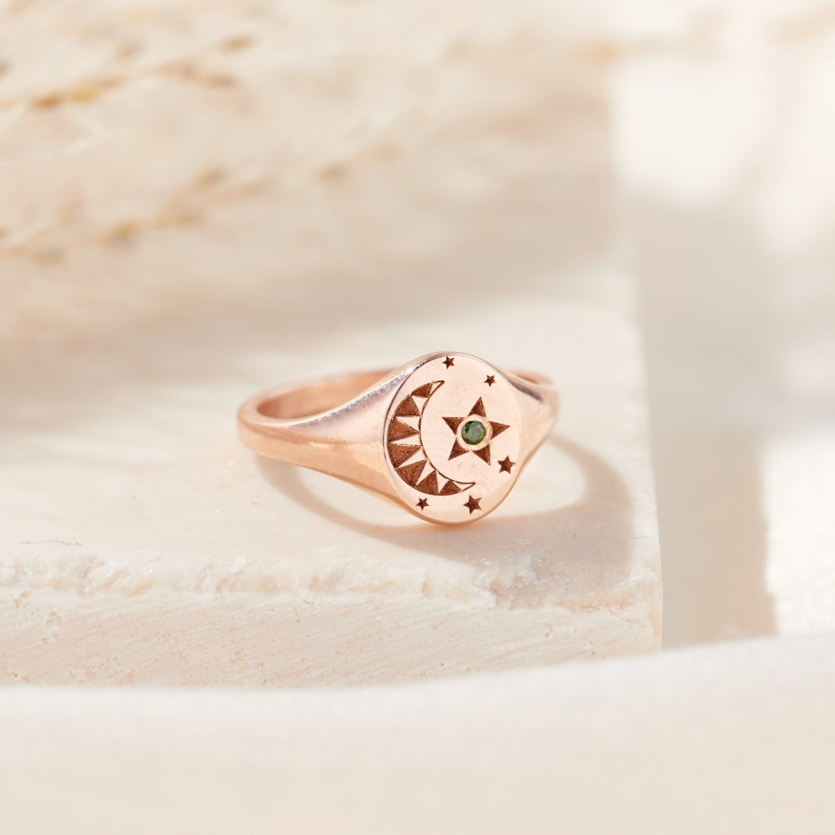 Moon & Star Birthstone Signet Ring