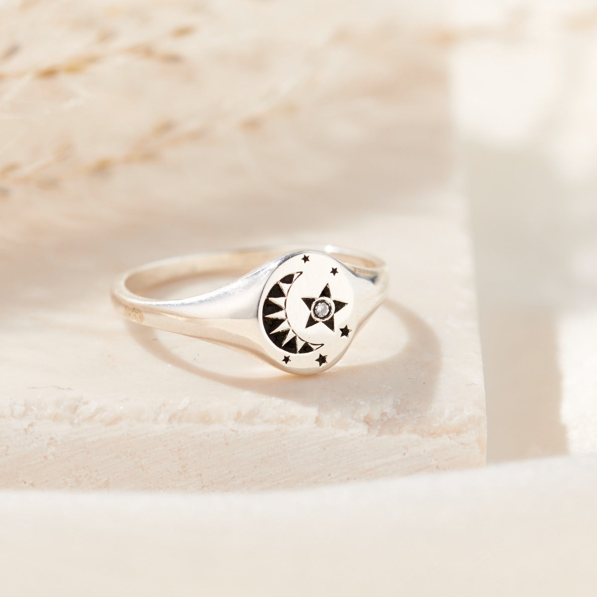 Moon & Star Birthstone Signet Ring