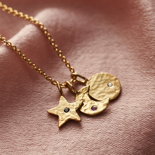 Textured Sun Moon & Star Birthstone Necklace