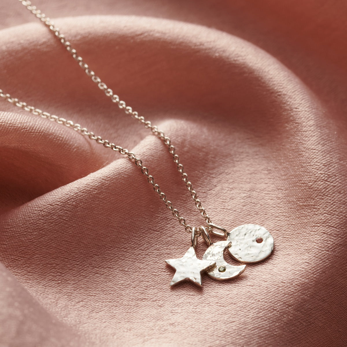 Textured Sun Moon & Star Birthstone Necklace